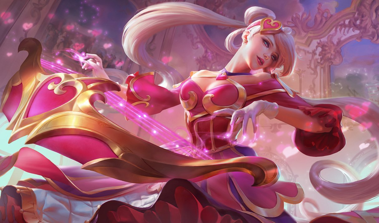 1girl alternate_costume alternate_hair_color bare_shoulders blue_eyes breasts cleavage cleavage_cutout dress gloves hair_ornament heart_hair_ornament instrument league_of_legends lipstick long_hair makeup official_art pink_dress silver_hair solo sona_buvelle sweetheart_sona twintails