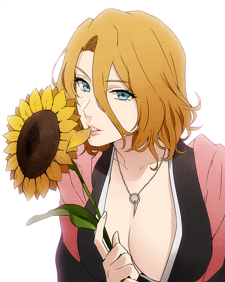 1girl between_breasts bleach blue_eyes breasts cleavage flower hair_between_eyes japanese_clothes jewelry large_breasts looking_at_viewer matsumoto_rangiku mole mole_under_mouth mouth_hold necklace nuku orange_hair short_hair solo sunflower