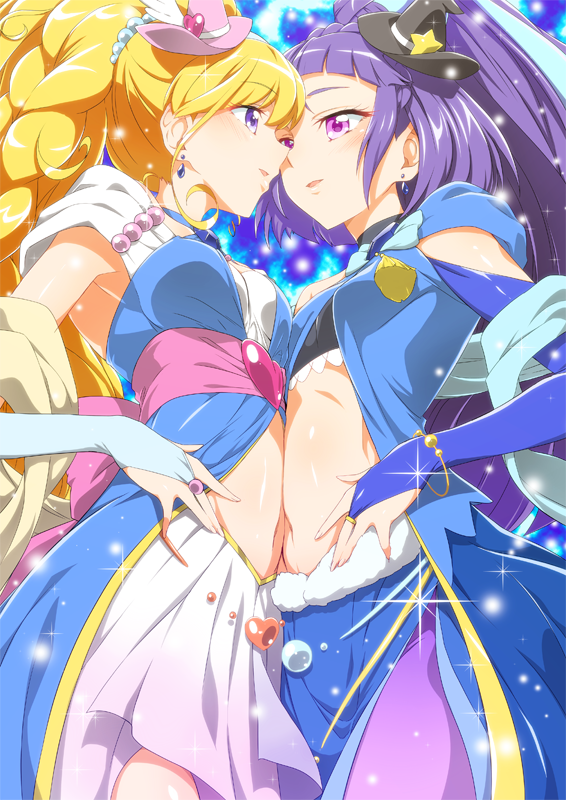 2girls asahina_mirai black_hat blonde_hair blue_background blue_bow bow braid bridal_gauntlets cowboy_shot crown_braid cure_magical cure_miracle earrings eye_contact from_below hat izayoi_liko jewelry long_hair looking_at_another magical_girl mahou_girls_precure! midriff mini_hat mini_witch_hat multiple_girls pink_bow pink_hat ponytail precure purple_hair sapphire_style sash skirt smile sparkle violet_eyes witch_hat yuto_(dialique)