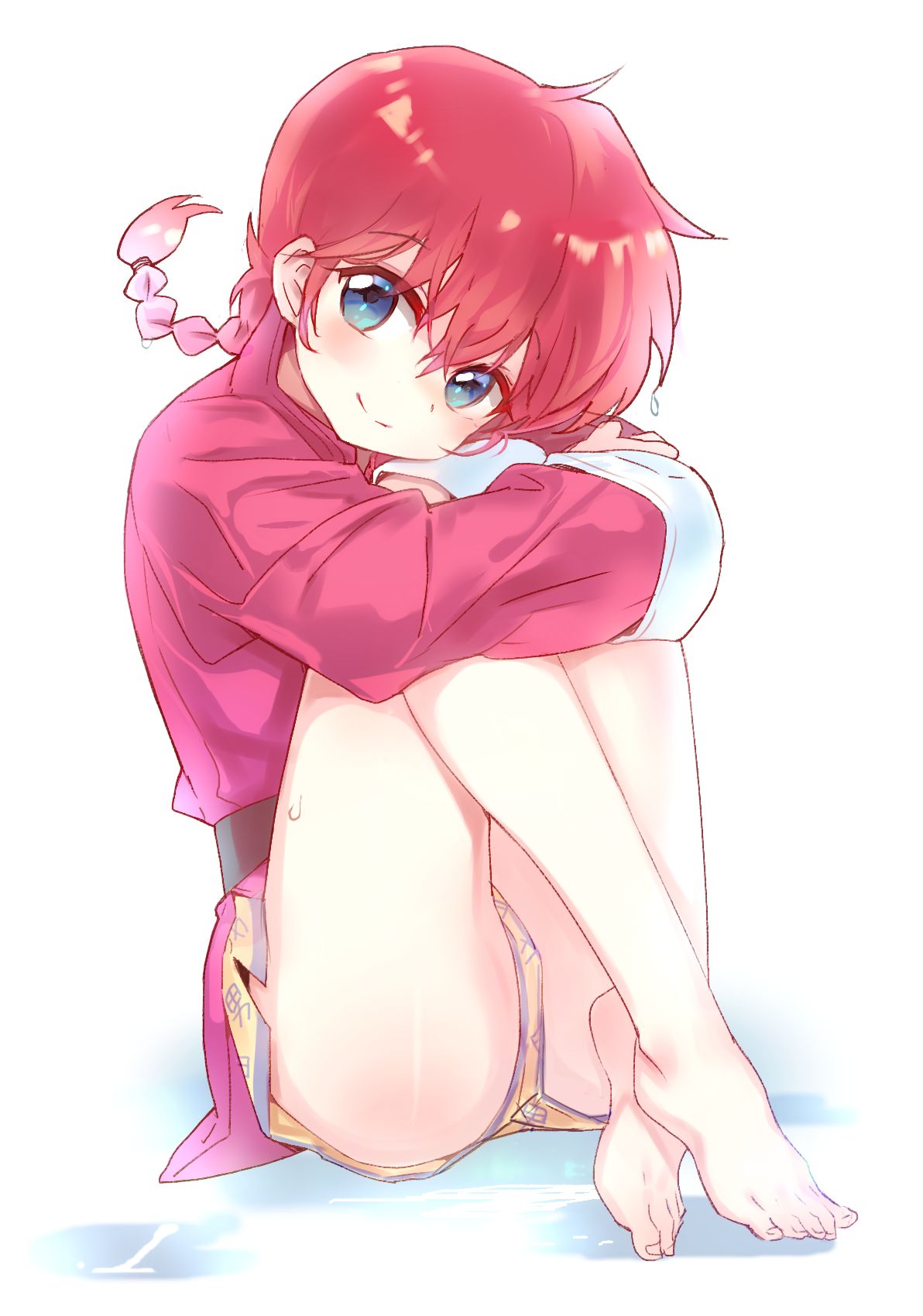 1girl bangs barefoot belt blue_eyes blush boxers braid chinese_clothes closed_mouth clothes_writing crotch_seam dripping eyebrows eyebrows_visible_through_hair full_body genderswap hair_between_eyes hair_tie head_tilt highres jpeg_artifacts knees_to_chest long_hair looking_at_viewer mimi_(ranma3049) mtf no_pants ranma-chan ranma_1/2 redhead saotome_ranma short_shorts shorts simple_background single_braid sitting sleeves_rolled_up smile solo tangzhuang underwear wet_hair white_background