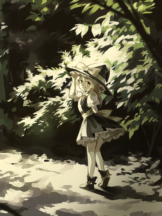 1girl apron black_dress blonde_hair bow braid dress forest hat hat_bow kirisame_marisa looking_at_viewer nature silence_girl single_braid smile solo touhou waist_apron witch_hat yellow_eyes