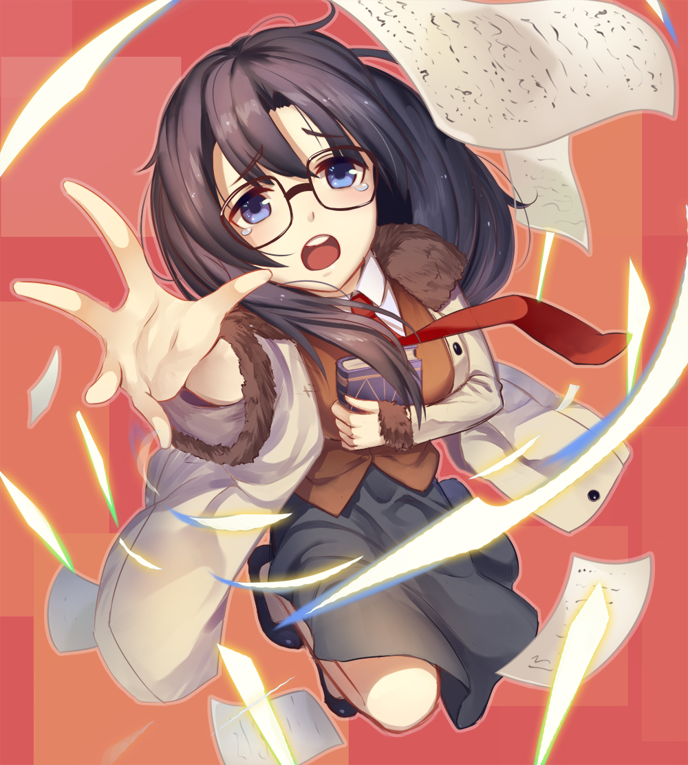1girl :o bangs bazooka_oiran black-framed_glasses black_hair black_shoes black_skirt blue_eyes blush book brown_vest coat collared_shirt eyebrows eyebrows_visible_through_hair flying_paper full_body fur_trim glasses glowing holding holding_book long_hair long_sleeves necktie open_clothes open_coat open_mouth outstretched_arm palms paper reaching read_or_die red_necktie shirt shoes skirt solo spread_fingers tears white_shirt yomiko_readman
