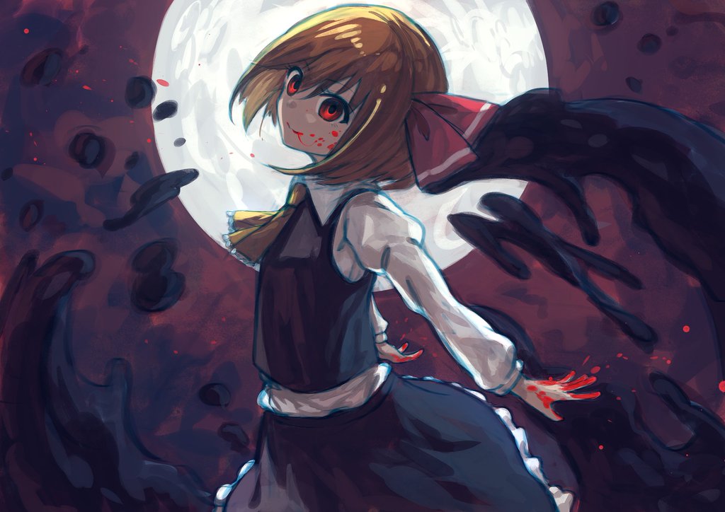 1girl ascot berabou blonde_hair blood blood_on_face bloody_hands dark darkness full_moon hair_ribbon long_sleeves looking_at_viewer moon night night_sky puffy_sleeves red_eyes ribbon rumia shirt short_hair skirt skirt_set sky smile solo touhou upper_body vest