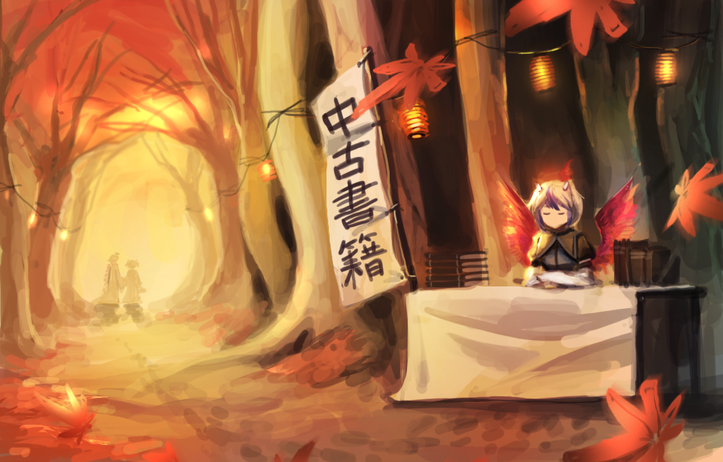 3girls arm_rest autumn bird_wings blue_hair blue_shirt book_stack checkered_scarf closed_eyes crossed_arms footprints forest futatsuiwa_mamizou hijiwryyyyy holding_hands horns lantern layered_clothing leaf leaf_on_head long_sleeves maple_leaf motoori_kosuzu multicolored_hair multiple_girls nature no_mouth paper_lantern puffy_short_sleeves puffy_sleeves scarf shirt short_sleeves sign sitting solo_focus streaked_hair sunset table tablecloth tokiko_(touhou) touhou tree two_side_up walking white_hair white_shirt wings