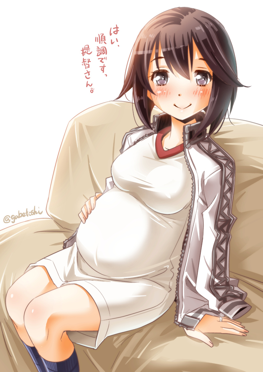 1girl black_hair check_translation couch hayasui_(kantai_collection) highres jacket kantai_collection maternity_dress open_clothes open_jacket pregnant short_hair sitting sogabe_toshinori solo track_jacket translated violet_eyes