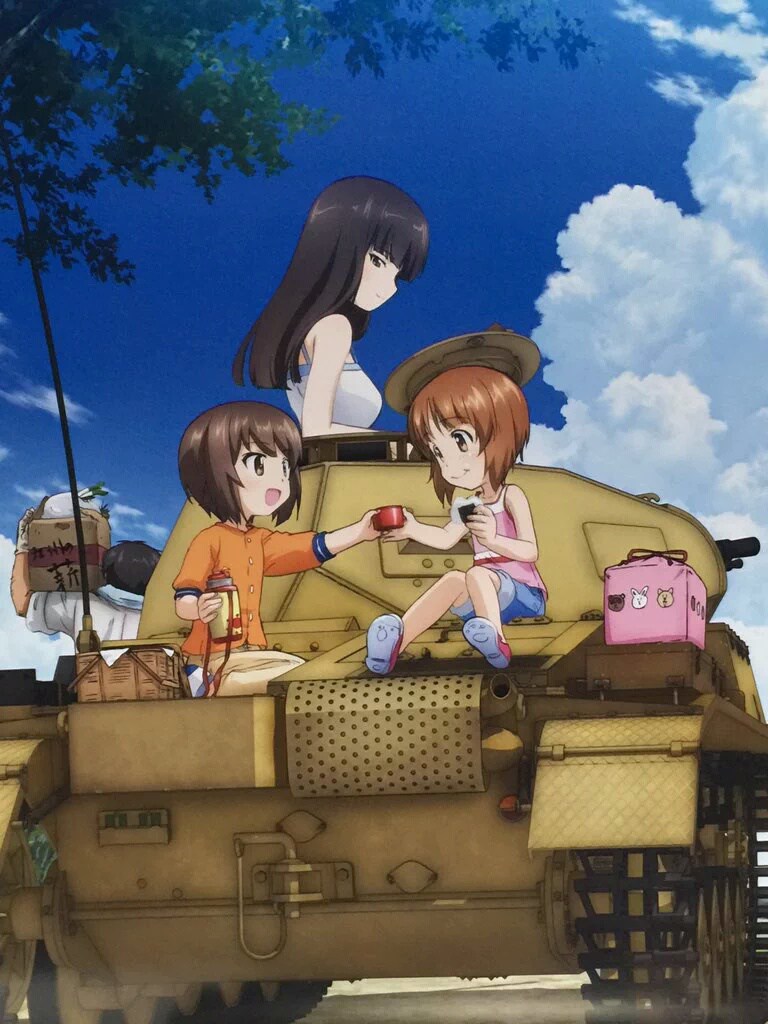 1boy 3girls :t arm_support basket black_eyes black_hair box brown_eyes brown_hair cardboard_box carrying carrying_over_shoulder casual caterpillar_tracks clouds cup eating eye_contact family food from_behind girls_und_panzer happy hatch long_hair looking_at_another looking_back military military_vehicle mother_and_daughter multiple_girls nishizumi_maho nishizumi_miho nishizumi_shiho obentou official_art onigiri open_mouth pants pants_rolled_up panzerkampfwagen_ii picnic picnic_basket profile reaching_out riding road scan seiza short_hair siblings sisters sitting sky sleeveless sleeves_rolled_up smile spring_onion tank tank_top thermos tree vehicle wrapped_obentou younger