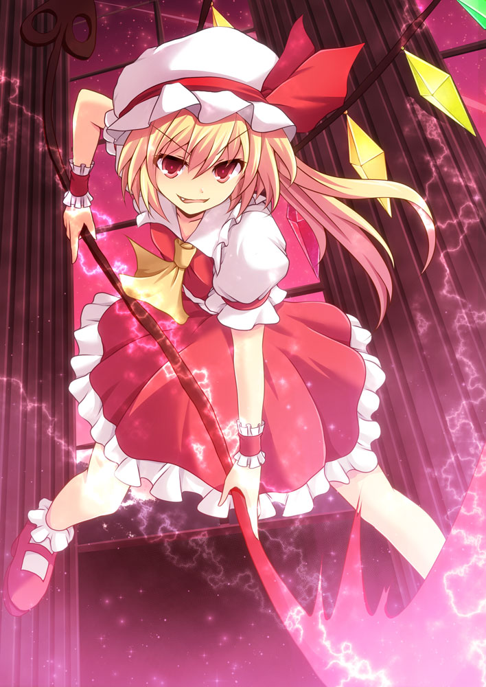 1girl ascot blonde_hair bow cross_(crossryou) dress fang flandre_scarlet hat hat_bow laevatein looking_at_viewer md5_mismatch mob_cap pillar puffy_short_sleeves puffy_sleeves red_dress red_eyes shirt short_sleeves side_ponytail smirk solo touhou wrist_cuffs
