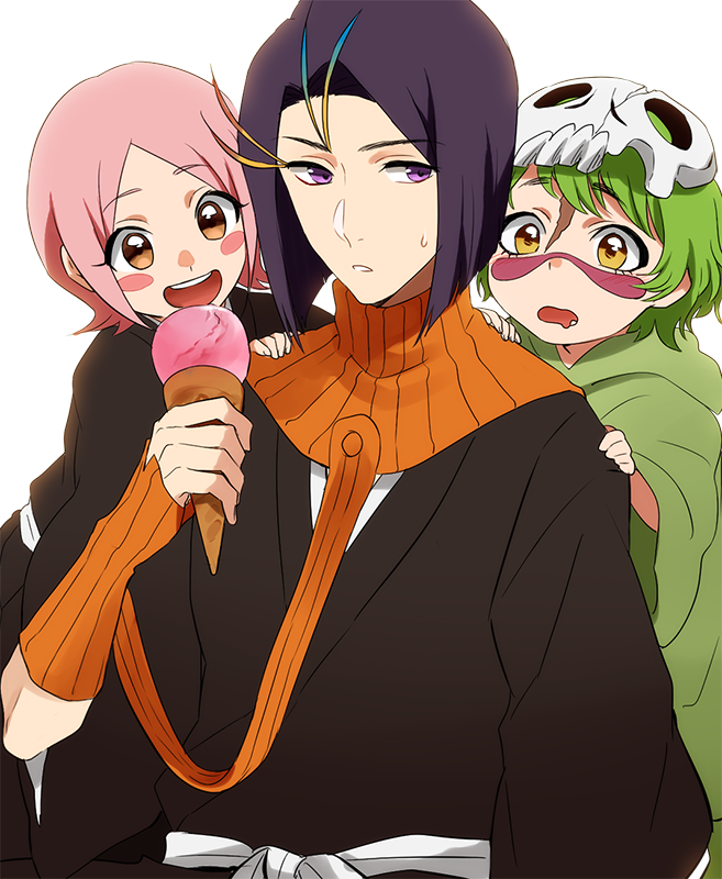 1boy 2girls ayasegawa_yumichika bleach blush_stickers brown_eyes facial_mark food green_hair ice_cream ice_cream_cone japanese_clothes kusajishi_yachiru multiple_girls nelliel_tu_odelschwanck nuku open_mouth pink_hair purple_hair scar short_hair skull sweatdrop violet_eyes yellow_eyes