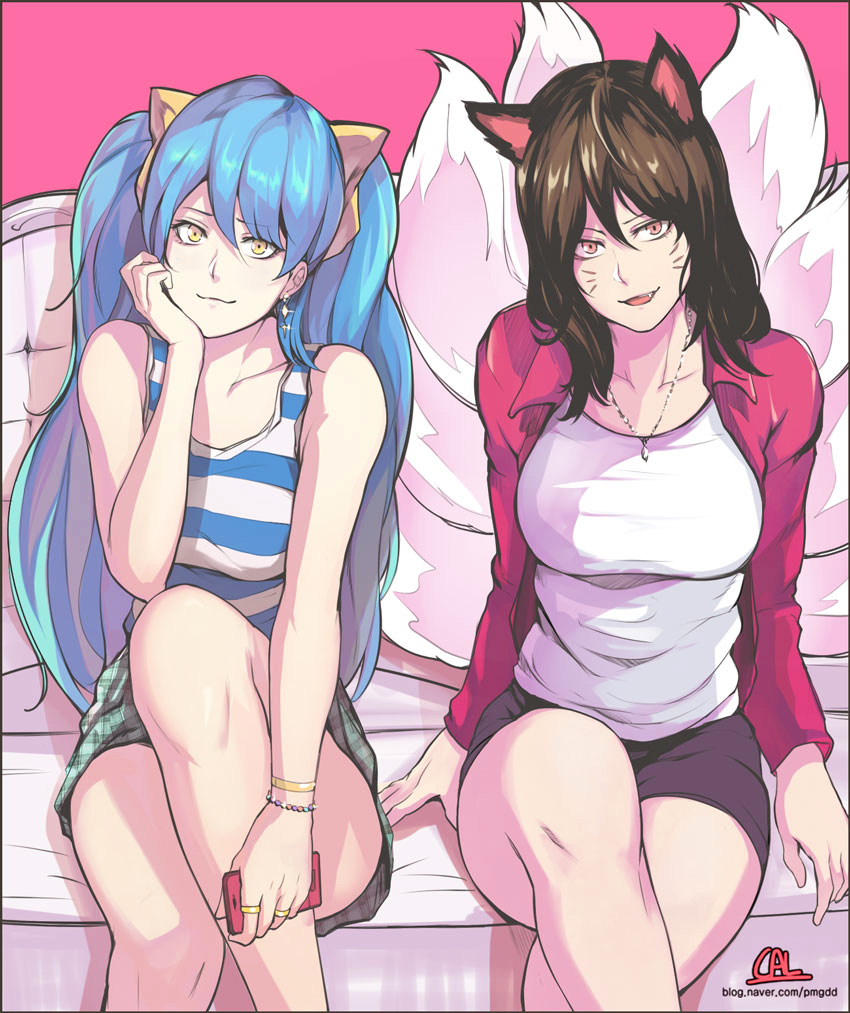 2girls ahri animal_ears artist_name blue_hair bracelet breasts brown_hair cal_(pmgdd) cellphone crossed_legs earrings facial_mark fang fox_ears fox_tail hair_ribbon head_tilt horizontal_stripes jacket jewelry large_breasts league_of_legends long_hair looking_at_viewer multiple_girls multiple_tails necklace open_clothes open_jacket phone red_eyes ribbon ring shirt sitting smile smirk sona_buvelle striped striped_shirt tail twintails watermark web_address whisker_markings yellow_eyes