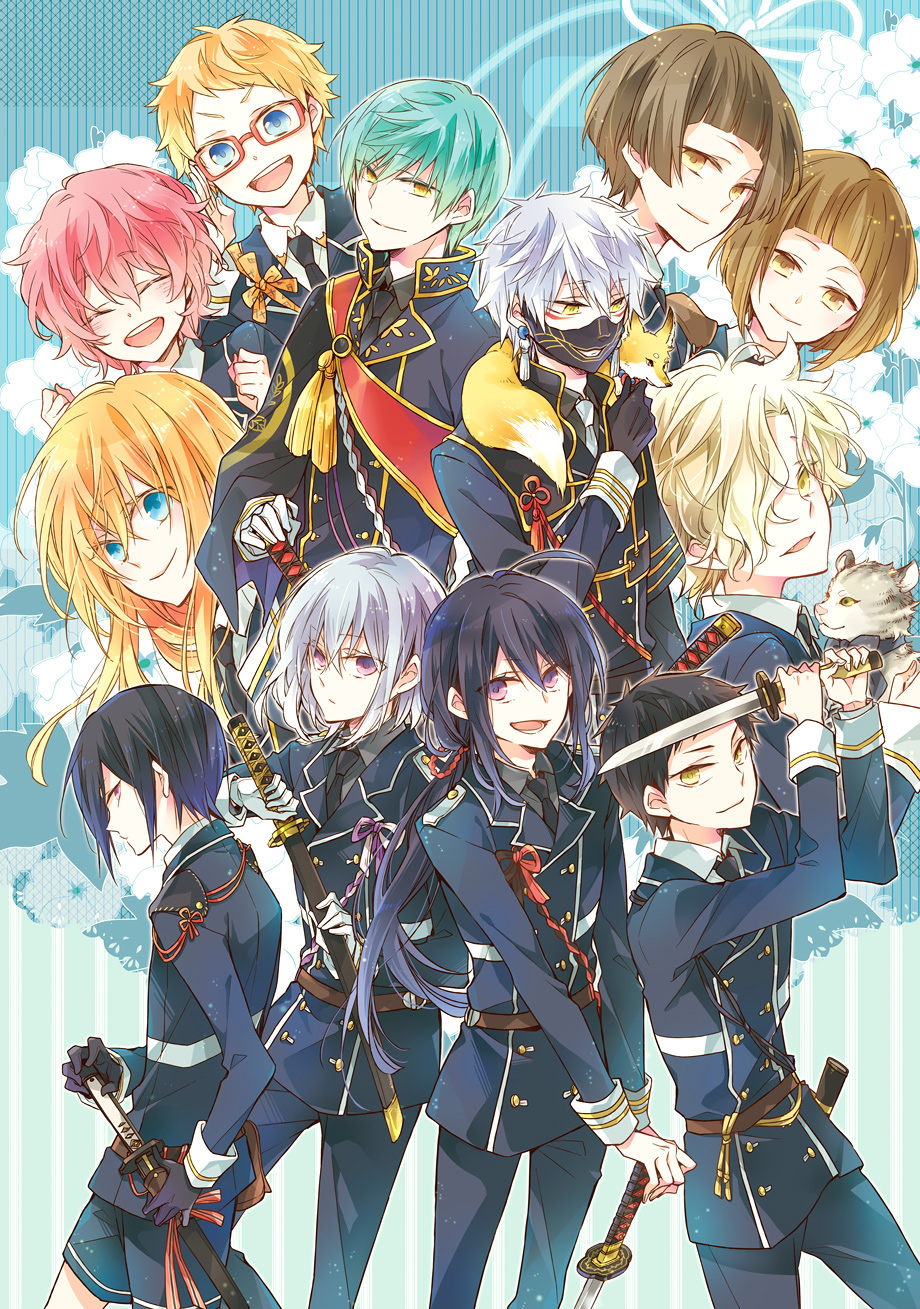 6+boys ^_^ ahoge akita_toushirou aqua_hair armor atsushi_toushirou black_gloves black_hair blonde_hair blue_eyes brown_eyes brown_hair closed_eyes flower fox glasses gloves gokotai gokotai's_tigers hair_over_one_eye hakata_toushirou highres hirano_toushirou honebami_toushirou ichigo_hitofuri japanese_armor katana maeda_toushirou male_focus menpoo midare_toushirou military military_uniform multiple_boys nakigitsune nakigitsune's_fox namazuo_toushirou necktie noeru_(putty) open_mouth pink_hair ponytail ready_to_draw red-framed_glasses shorts smile sword tantou tiger tiger_cub touken_ranbu uniform violet_eyes wakizashi weapon white_gloves white_hair white_tiger yagen_toushirou yellow_eyes