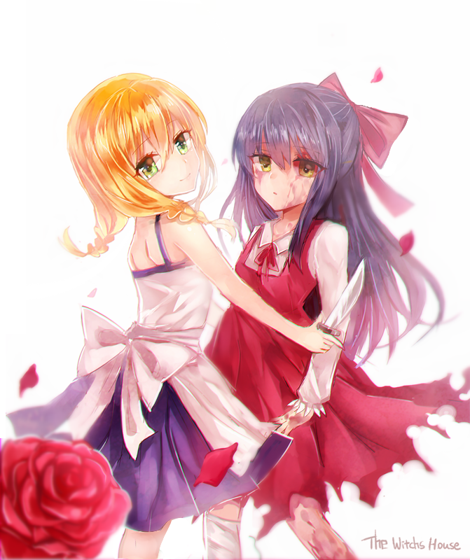 2girls bandages blood blood_on_face bow braid commentary_request copyright_name dress ellen_(majo_no_ie) green_eyes hair_bow injury knife large_bow long_hair majo_no_ie multiple_girls petals purple_hair qiqiuqiu red_bow smile twin_braids viola_(majo_no_ie) yellow_eyes