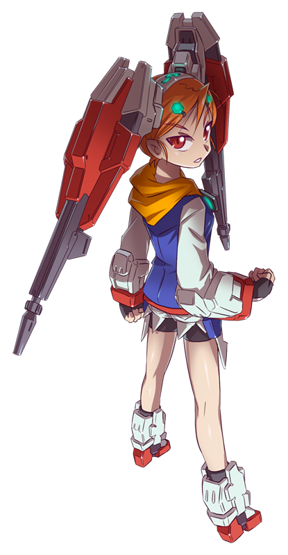 1girl cannons clenched_hand fingerless_gloves gloves gundam gundam_age gundam_age-2_double_bullet hair_ornament hairband king_of_unlucky looking_back mecha_musume orange_hair personification red_eyes short_hair solo winged_hairband