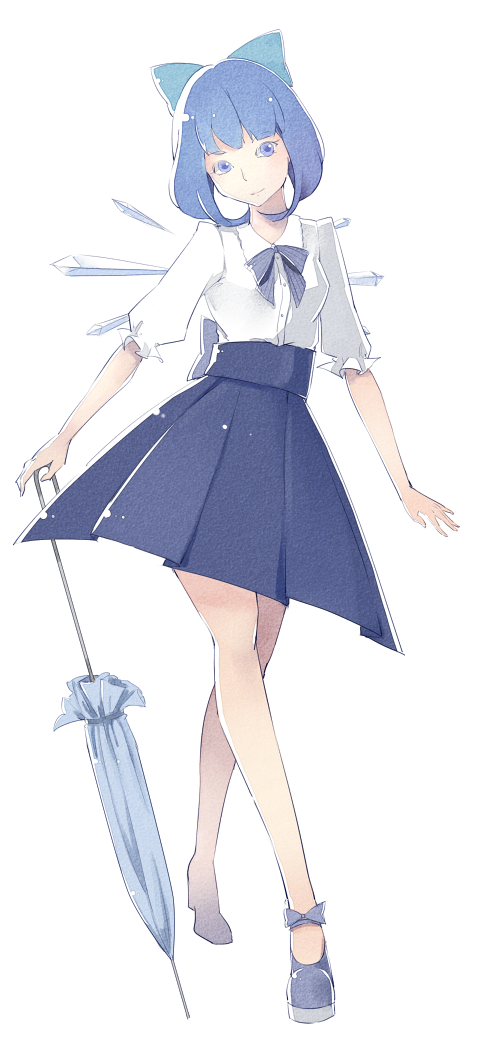 1girl alternate_costume blue_eyes blue_hair cirno contemporary doming full_body hair_ribbon ice ice_wings looking_at_viewer mary_janes ribbon shirt shoes short_hair short_sleeves simple_background skirt smile solo touhou umbrella white_background wings