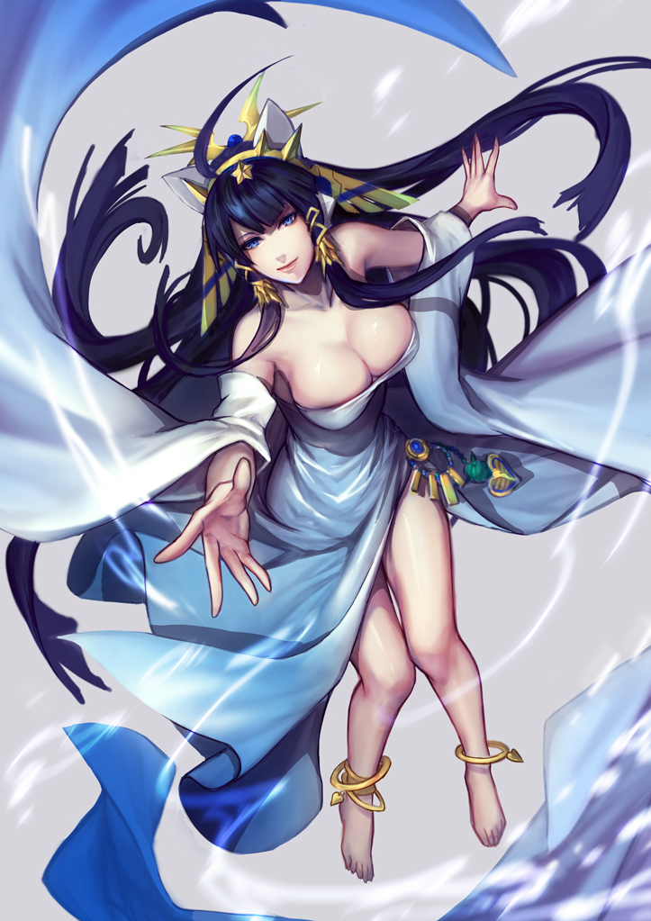 1girl animal_ears anklet bangs bare_shoulders barefoot black_hair blue_eyes blue_hair blunt_bangs breasts cat_ears cleavage closed_mouth detached_sleeves dress egyptian floating_hair full_body gem grey_background hair_tubes hairband head_wings heart isis_(p&amp;d) jewelry large_breasts long_hair outstretched_arms puzzle_&amp;_dragons reaching ring side_slit smile solo star visible_air white_dress wind zeroshiki_kouichi