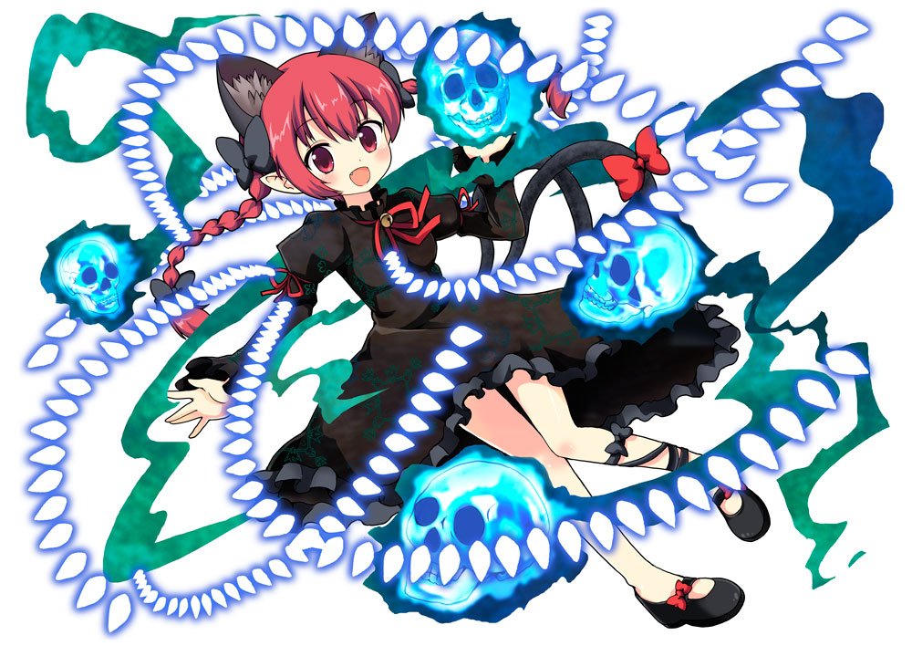 1girl animal_ears bell blush bow braid cat_ears cat_tail danmaku dress extra_ears full_body hair_bow kaenbyou_rin leg_ribbon long_hair long_sleeves mary_janes massala multiple_tails open_mouth pointy_ears puffy_sleeves red_eyes redhead ribbon shoes skull smile solo tail touhou twin_braids white_background