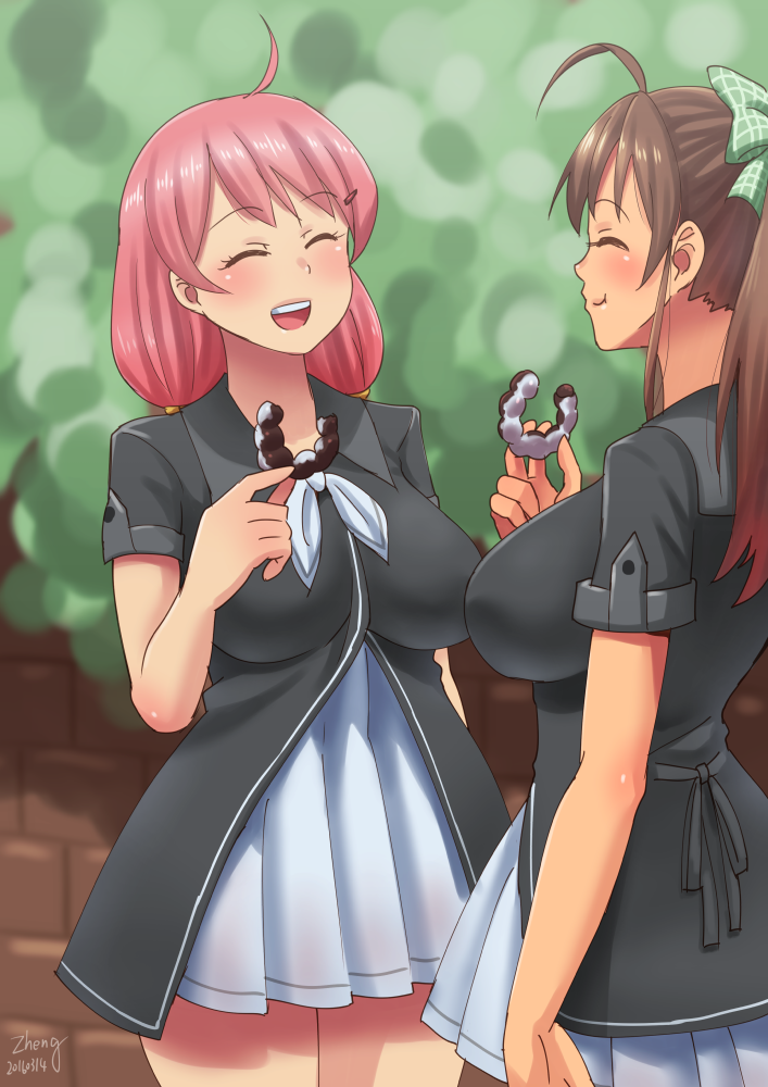 2girls ahoge blush bow breasts brown_hair closed_eyes doughnut eating food hair_bow kamiya_midori long_hair multiple_girls open_mouth original pink_hair pon_de_ring ponytail school_uniform smile zheng