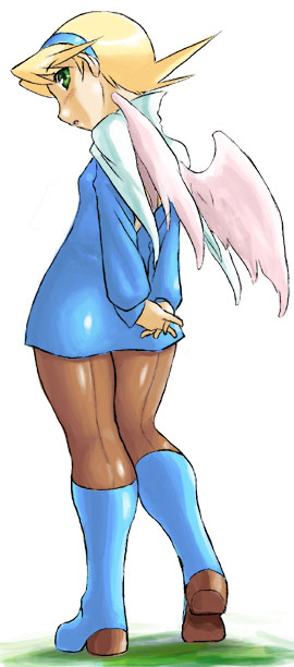 1girl angel_wings ass back-seamed_legwear blonde_hair blue_boots boots breath_of_fire breath_of_fire_iv dr.p green_eyes hairband knee_boots nina_(breath_of_fire_iv) panties panties_under_pantyhose pantyhose pencil_skirt seamed_legwear skirt skirt_lift solo underwear white_panties white_wings wings