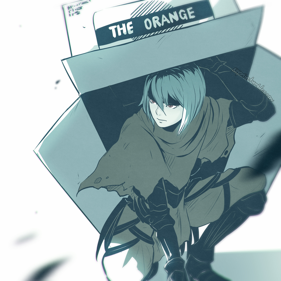 1girl artist_name belka_(fire_emblem_if) blue_hair boots box brown_eyes capelet cardboard_box fire_emblem fire_emblem_if gloves headband in_box in_container koyorin metal_gear_(series) metal_gear_solid parody short_hair sketch solo watermark web_address white_background