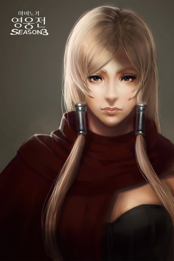 1girl blonde_hair brown_eyes cape edward_montenegro lips long_hair looking_at_viewer mabinogi mabinogi_heroes realistic simple_background solo