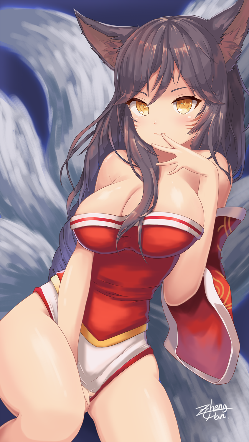 1girl ahri animal_ears black_hair breasts facial_mark fox_ears fox_tail highres korean_clothes large_breasts league_of_legends low_neckline multiple_tails solo tail whisker_markings yellow_eyes z_-_chcrghan