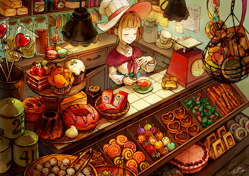 1girl basket brown_hair cake candy chef_hat closed_eyes commentary_request cup doughnut earrings food hat interior jewelry kitchen_scale lollipop macaron magic milk mole mole_under_eye muffin original pastry shawl shop short_hair solo swirl_lollipop teacup teapot tiered_tray tiles tsubaki_(teatime0) weighing_scale witch_hat