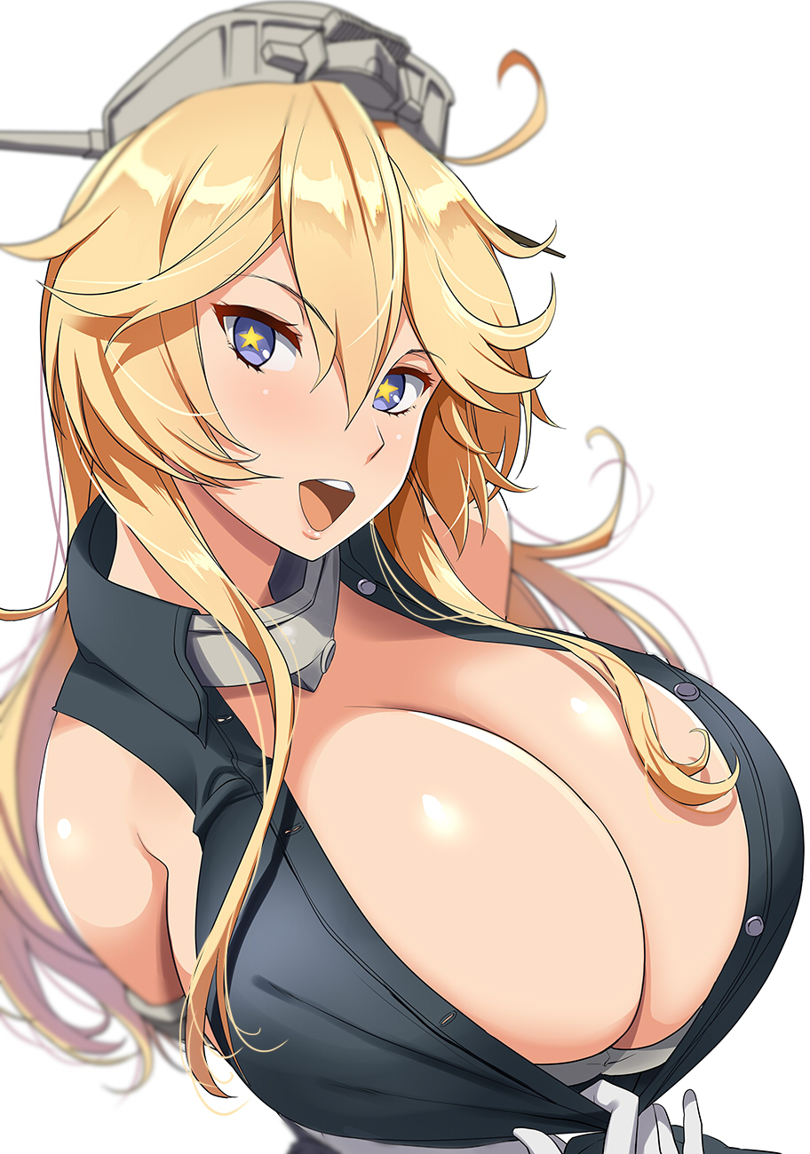 1girl blonde_hair blue_eyes blush breasts cleavage elbow_gloves gloves headgear highres huge_breasts iowa_(kantai_collection) kantai_collection kloah long_hair looking_at_viewer open_mouth simple_background solo star star-shaped_pupils symbol-shaped_pupils white_background