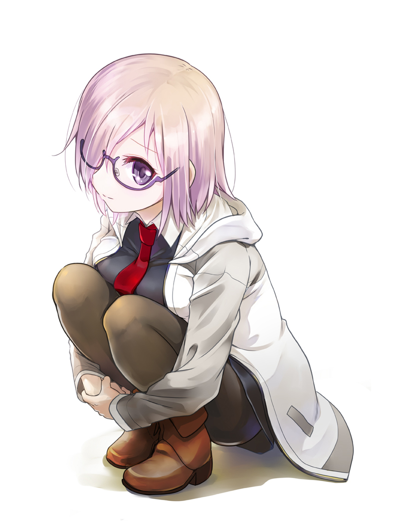 1girl black_dress black_legwear boots brown_boots closed_mouth dress eyelashes fate/grand_order fate_(series) from_above frown full_body glasses hair_over_one_eye hood hooded_jacket jacket leg_hug long_sleeves necktie open_clothes open_jacket own_hands_together pantyhose purple-framed_glasses purple_hair red_necktie rori_chuushin shielder_(fate/grand_order) short_hair simple_background solo squatting violet_eyes white_background