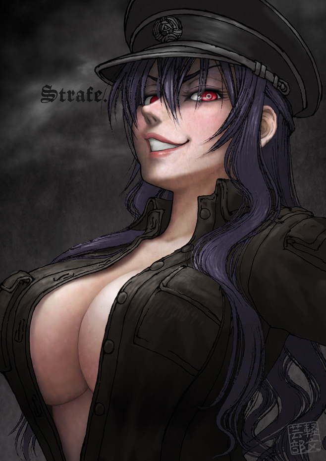 1girl artist_request beatrix_bremer breasts east_german german grin hat large_breasts military military_uniform muvluv purple_hair red_eyes ringed_eyes schwarzesmarken smile solo translated unbuttoned uniform