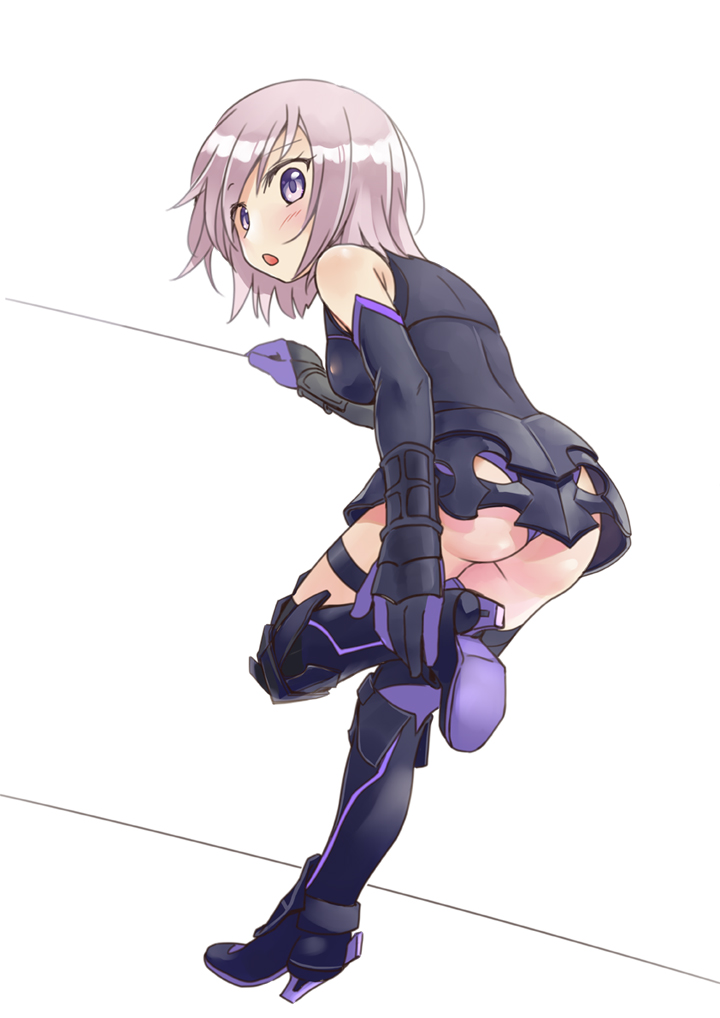 1girl armor ass breastplate elbow_gloves fate/grand_order fate_(series) from_behind gloves looking_back purple_hair rori_chuushin shielder_(fate/grand_order) short_hair solo violet_eyes