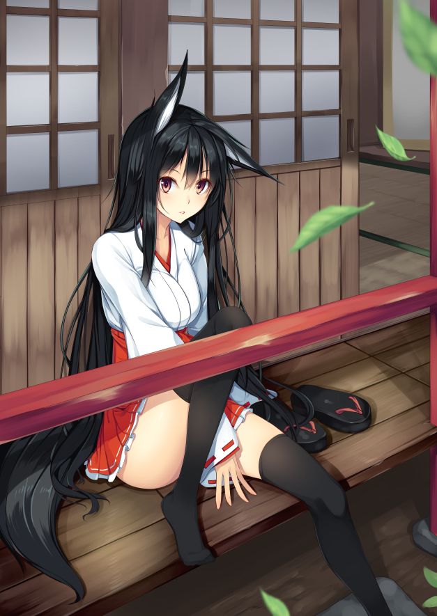 1girl animal_ears architecture black_hair black_legwear brown_eyes covering covering_crotch east_asian_architecture footwear_removed fox_ears fox_tail hakama japanese_clothes karakura kitsune leaf long_hair looking_at_viewer miko no_shoes original ribbon_trim sitting solo tail tatami thigh-highs very_long_hair wooden_floor wooden_wall zouri