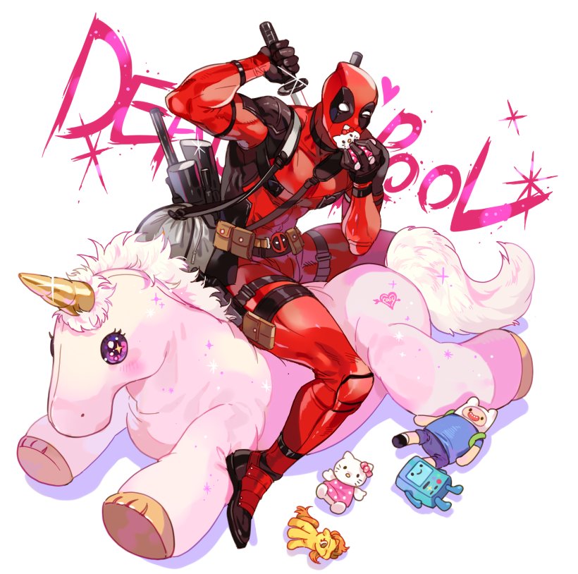 1boy adventure_time bag belt bmo bodysuit character_doll character_name deadpool deadpool_(movie) finn gun heart hello_kitty inzup katana marvel mask pony pouch sword weapon