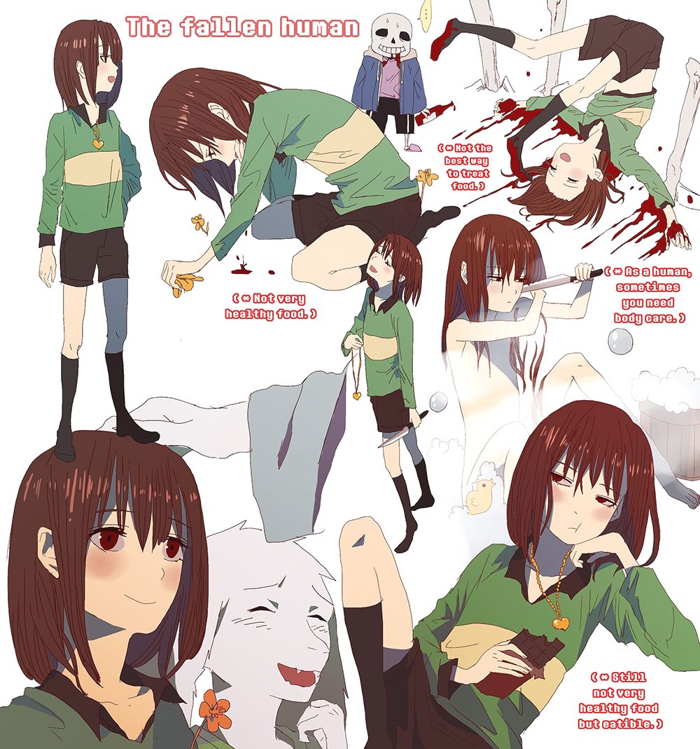 2boys androgynous asriel_dreemurr bathing blood bloody_clothes blush_stickers bone bossmonsterbani brown_hair bucket bucket_of_water chara_(undertale) chocolate_bar convenient_censoring coughing_blood cutting_own_hair eating english flower hair_censor heart heart_necklace hood hoodie jitome ketchup_bottle knife long_hair multiple_boys no_shoes outstretched_arms petting red_eyes reference_sheet rubber_duck sans shirt skeleton spoilers steam steam_censor striped striped_shirt typo undertale upside-down