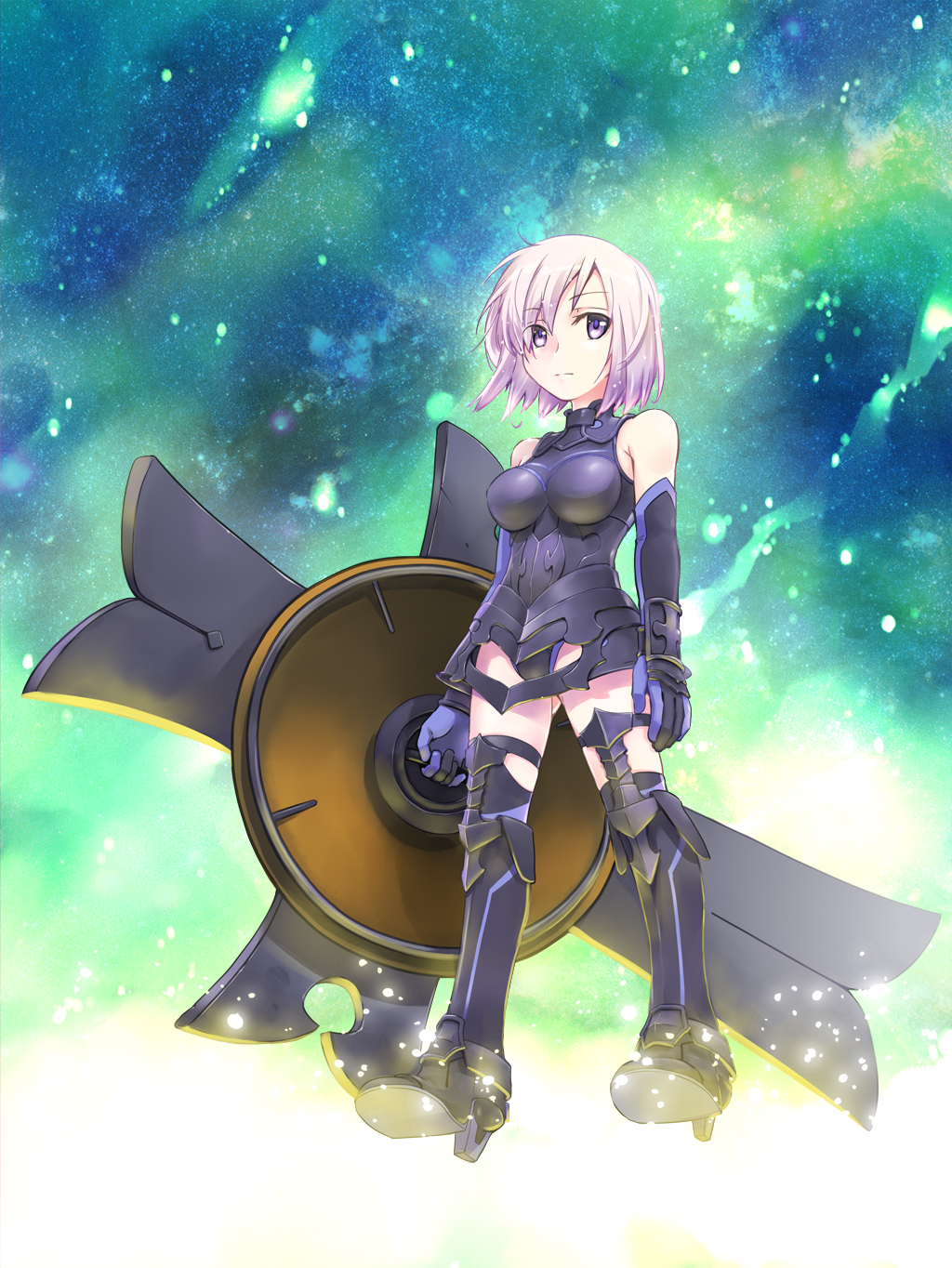 1girl armor breastplate elbow_gloves fate/grand_order fate_(series) gloves highres purple_hair rori_chuushin shield shielder_(fate/grand_order) short_hair solo standing violet_eyes