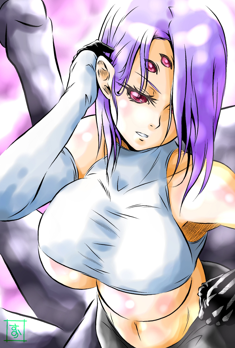 1girl arachne breasts carapace claws cowboy_shot detached_sleeves extra_eyes insect_girl monster_girl monster_musume_no_iru_nichijou multiple_legs pink_eyes purple_hair rachnera_arachnera s-now signature solo spider_girl under_boob