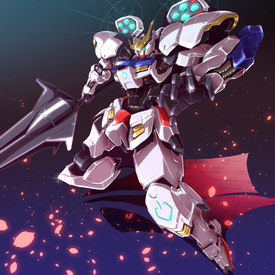 aqua_eyes charging colored_shadow different_shadow energy_cannon glowing glowing_eyes gradient gradient_background gundam gundam_barbatos gundam_tekketsu_no_orphans joints mace mecha no_humans petals pistons sakusakusakurai shadow simple_background solo tekkaman_blade weapon