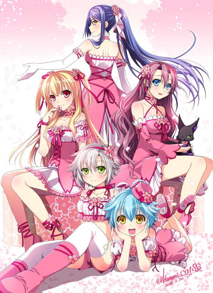 5girls :d alisa_reinford alternate_costume bare_shoulders blonde_hair blue_eyes blue_hair bow cat celine_(sen_no_kiseki) corset dated detached_sleeves dress eiyuu_densetsu emma_millstein fie_claussell flower_ornament green_eyes hair_ornament hair_ribbon hairband hands_on_own_face hat hat_bow holding_cat jewelry laura_s._arzeid looking_at_viewer looking_back lying millium_orion miniskirt morisaki_kurumi multiple_girls neck_ring no_glasses on_stomach open_mouth petals pink_dress ponytail purple_hair red_eyes ribbon sen_no_kiseki sen_no_kiseki_2 shorts silver_hair sitting skirt smile thigh-highs twitter_username two_side_up yellow_eyes