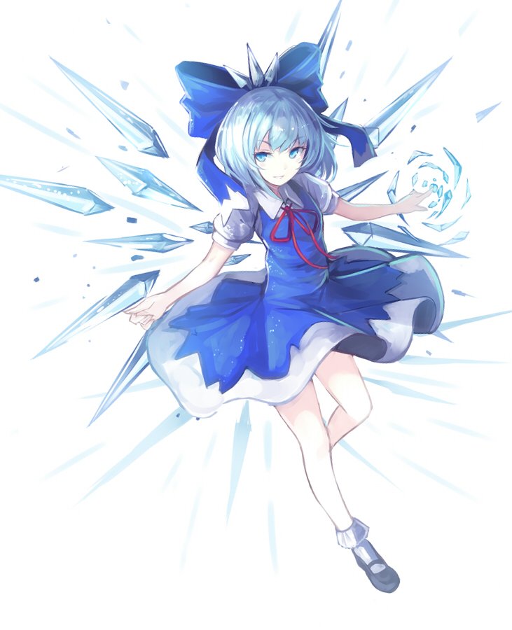1girl blue_dress blue_eyes blue_hair cirno dress full_body grin hair_ribbon ice ice_wings looking_to_the_side mary_janes nakaichi_(ridil) puffy_sleeves ribbon shoes short_hair short_sleeves simple_background smile socks solo touhou white_background white_legwear wings