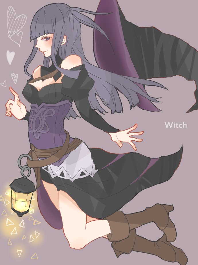 1girl alternate_costume amamiya_(alice413) bangs black_eyes black_hair blush boots breasts cleavage fire_emblem fire_emblem_if grey_background hat heart lamp long_hair solo syalla_(fire_emblem_if) two_side_up witch witch_hat