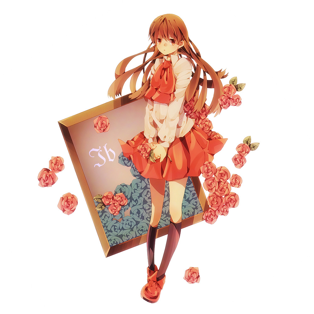 1girl black_legwear blue_rose bow bowtie brown_eyes brown_hair copyright_name dithering flower frame full_body hands_clasped ib kneehighs long_hair mary_(ib) pleated_skirt rose shoes simple_background skirt solo white_background xxxka66