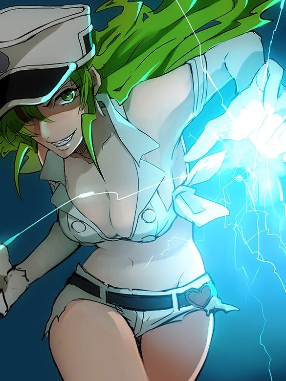 1girl belt bleach breasts candice_catnipp cleavage elbow_gloves electricity gloves green_eyes green_hair hat heart long_hair midriff nuku peaked_cap short_shorts shorts solo