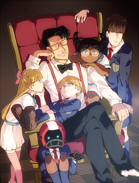 2girls 4boys ashley_(knd) bangs benedict_uno black_bow black_bowtie black_hair black_pants blonde_hair blue_eyes blunt_bangs bow bowl_cut bowtie braid bruce_(knd) chair child codename:_kids_next_door controller crossed_legs dark_skin david_(knd) delightful_children_from_down_the_lane father_(knd) football_helmet glasses hair_bow hair_over_eyes helmet kneehighs lenny_(knd) multiple_boys multiple_girls necktie ogie_(knd) pants pink_bow red_necktie remote_control school_uniform short_twintails shorts sitting skirt suspenders t_k_g thigh-highs twin_braids twintails