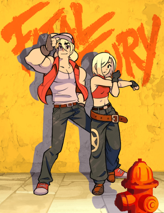 1boy 1girl abs baggy_pants bare_shoulders baseball_cap belt blonde_hair blue_mary copyright_name crop_top denim fatal_fury fingerless_gloves gloves graffiti guirm halterneck hat jeans long_hair midriff muscle navel pants ponytail short_hair smile snk straight_hair tank_top terry_bogard the_king_of_fighters vest