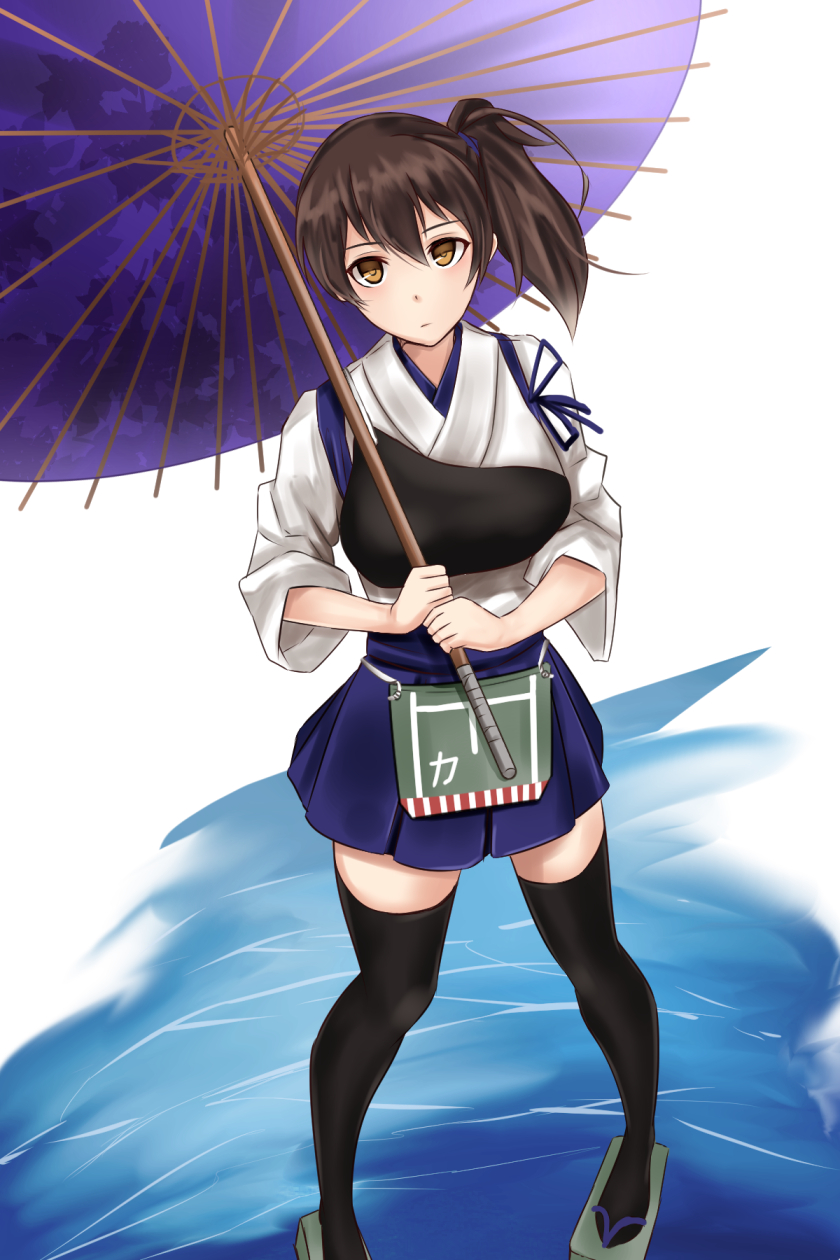 1girl black_legwear brown_eyes brown_hair commentary_request expressionless highres japanese_clothes kaga_(kantai_collection) kantai_collection kimono looking_at_viewer muneate oriental_umbrella side_ponytail solo thigh-highs umbrella untsue zettai_ryouiki