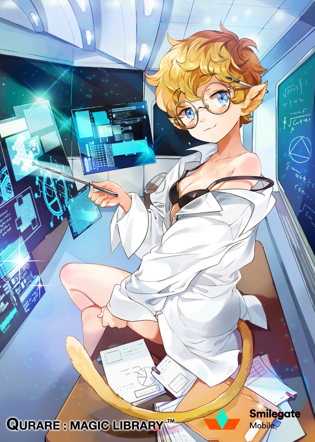 1girl black_bra blonde_hair blue_eyes blush bra breasts chalkboard cleavage copyright_name crossed_legs curly_hair dress_shirt glasses holographic_monitor inzup looking_at_viewer monkey_ears monkey_tail original pointer qurare_magic_library science_fiction shirt short_hair sitting smile solo strap_slip underwear