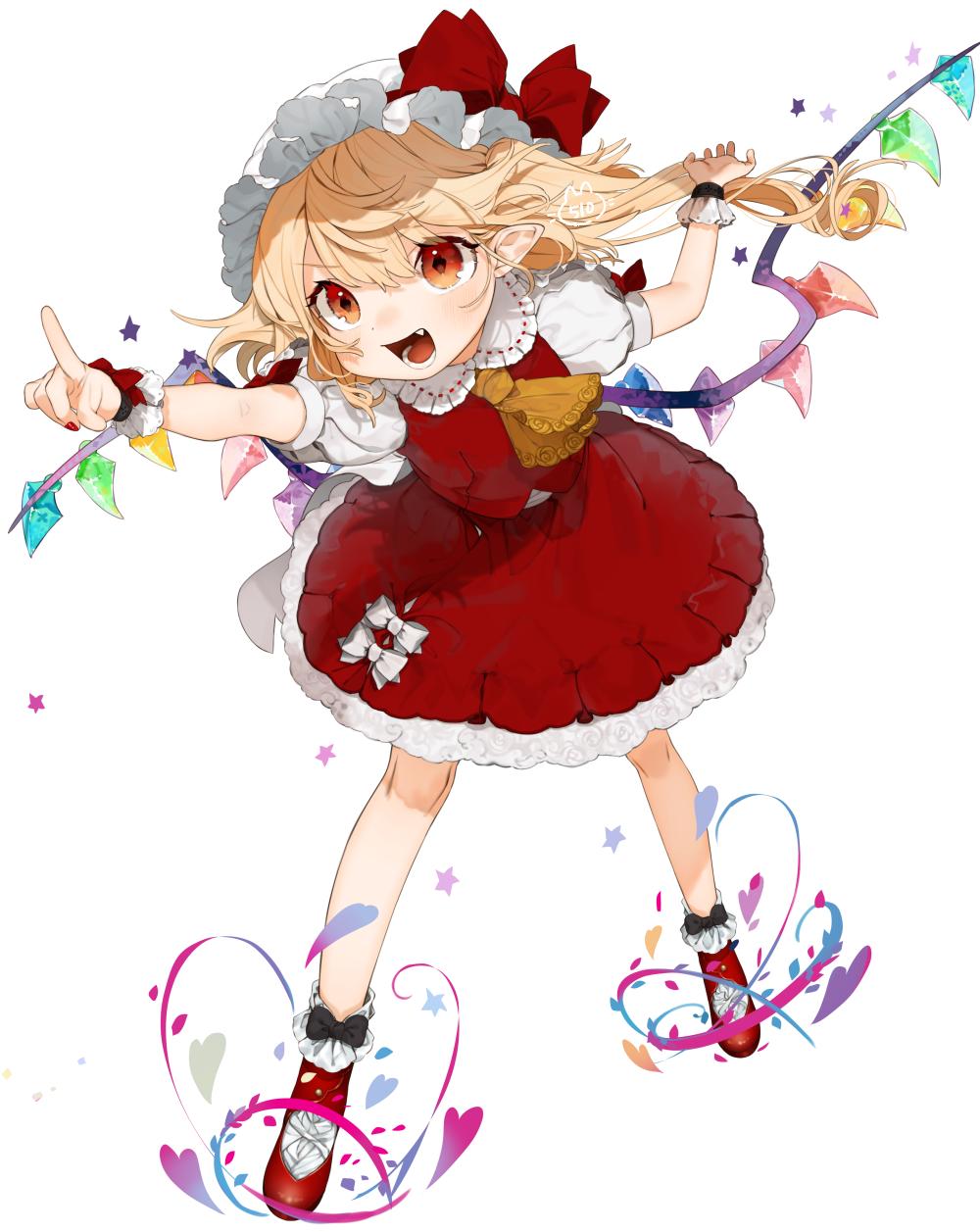 1girl :d arms_up ascot bangs blonde_hair blush bow commentary crystal eyebrows_visible_through_hair fang flandre_scarlet frilled_shirt_collar frills gotoh510 hair_between_eyes hat hat_bow highres long_hair miniskirt mob_cap nail_polish one_side_up open_mouth petticoat pointing pointy_ears puffy_short_sleeves puffy_sleeves red_bow red_eyes red_footwear red_nails red_skirt red_vest shirt shoes short_sleeves simple_background skirt skirt_set smile socks solo star touhou vest white_background white_headwear white_legwear white_shirt wings wrist_cuffs yellow_neckwear