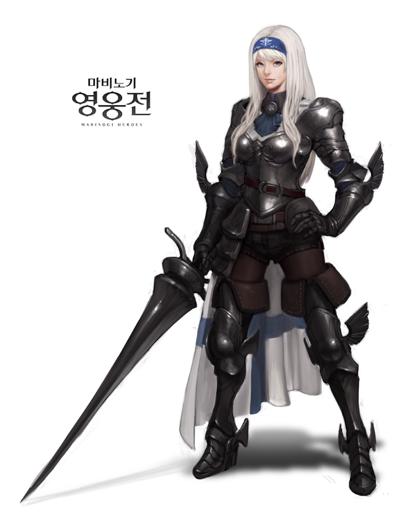 1girl armor armored_boots belt blue_eyes boots cowter edward_montenegro gauntlets hand_on_hip long_hair looking_at_viewer mabinogi mabinogi_heroes pauldrons shadow simple_background solo weapon white_background white_hair