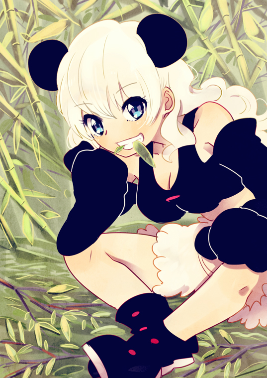 1girl bamboo bare_shoulders blonde_hair bloomers blue_eyes boots commentary detached_sleeves grin indian_style looking_at_viewer original panda_ears personification rawan sitting sleeves_past_wrists smile solo underwear wide_sleeves