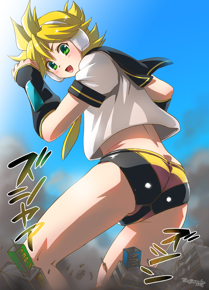 1boy ass blonde_hair destruction from_behind giant gloves green_eyes kagamine_len male_focus sailor_collar short_hair solo swim_briefs swimsuit torajimaneko vocaloid