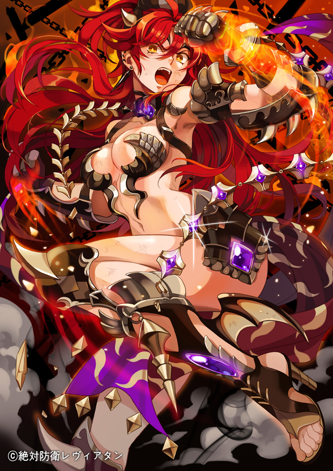 1girl armor bikini_armor breasts chain clenched_hand fire gem high_heels horns inzup long_hair open_mouth orange_eyes original redhead revealing_clothes solo toes zettai_bouei_leviathan