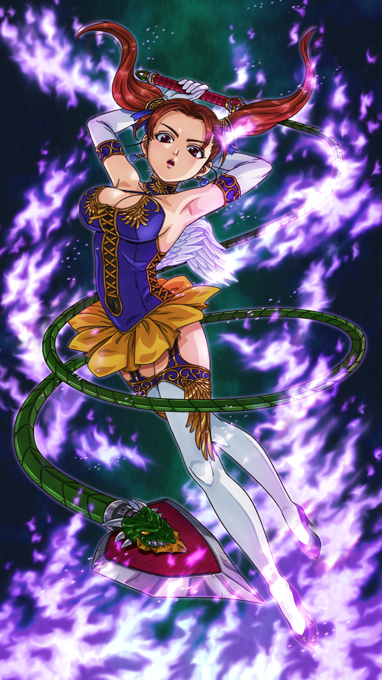 1girl breasts cleavage divine_bustier_(dq) dragon_quest dragon_quest_viii earrings elbow_gloves fuji_shuuji garter_straps gloves high_heels highres jessica_albert jewelry large_breasts leotard long_hair magic red_eyes redhead solo thigh-highs twintails whip white_wings wings